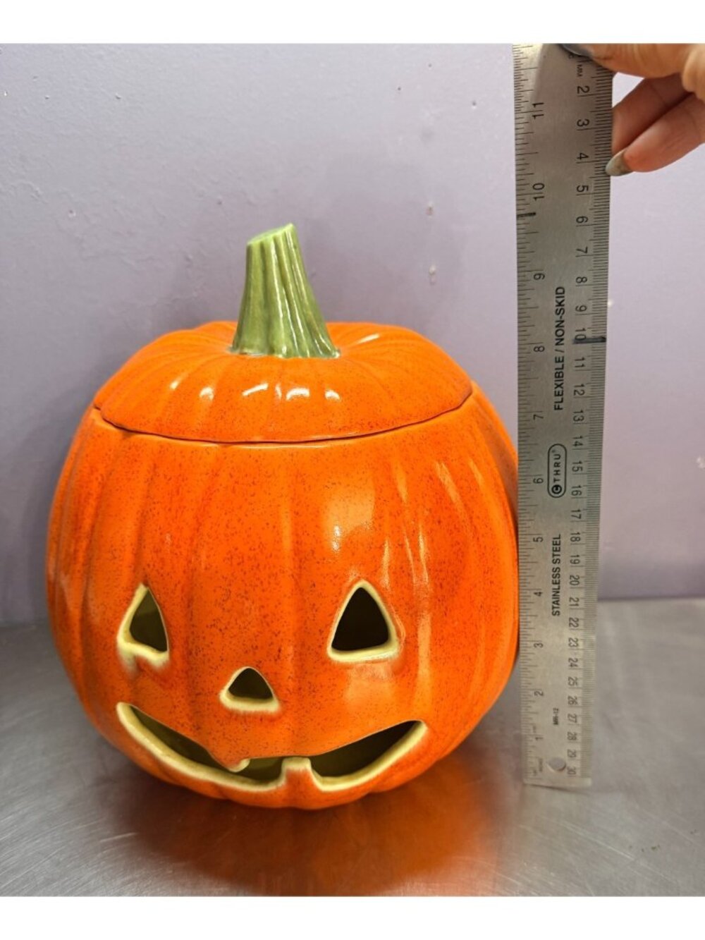 Vintage 1980s Ceramic Pumpkin Jack-o-Lantern With Lid - Picture 15 of 16